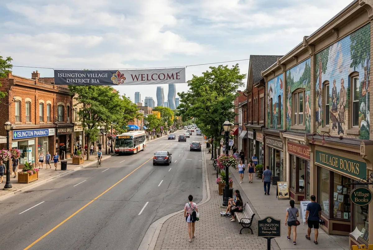 One of the 30 historic outdoor murals in Islington Village, Etobicoke, depicting the local history of Dundas Street West and Mimico Creek.