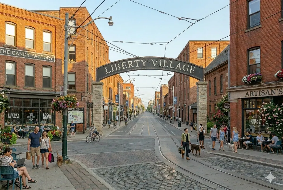 Residents enjoying the central green space at Liberty Village Park, surrounded by the neighborhood’s iconic brick-and-glass architecture.