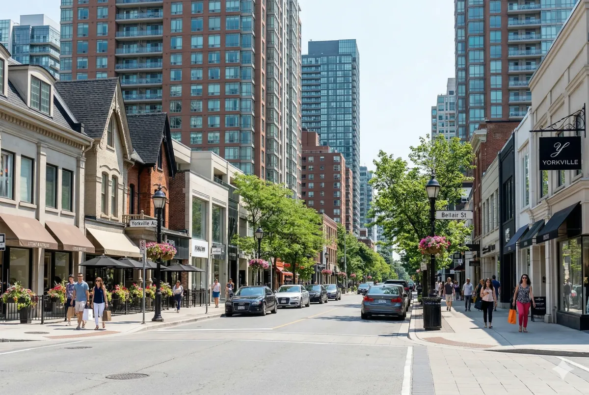 Luxury flagship stores along the Mink Mile on Bloor Street West, featuring the brutalist facade of Saint Laurent and upscale shopping in Yorkville, Toronto.