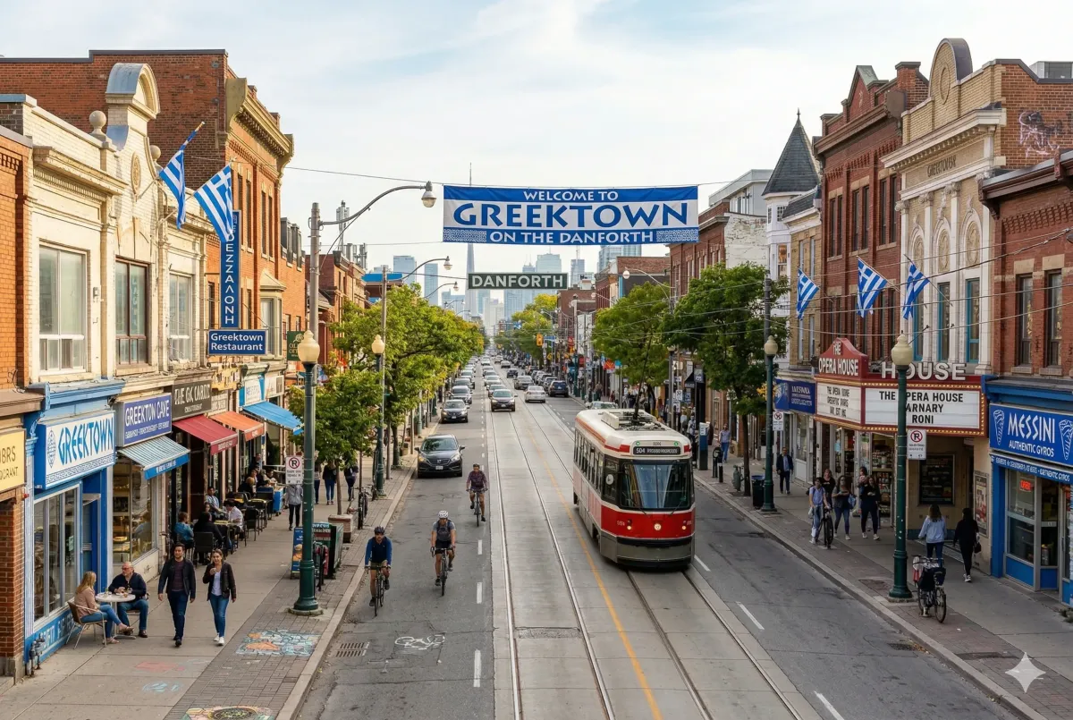 Modernized streetscape on Danforth Avenue featuring permanent protected cycle tracks and new integrated TTC bus platforms near Main Street.