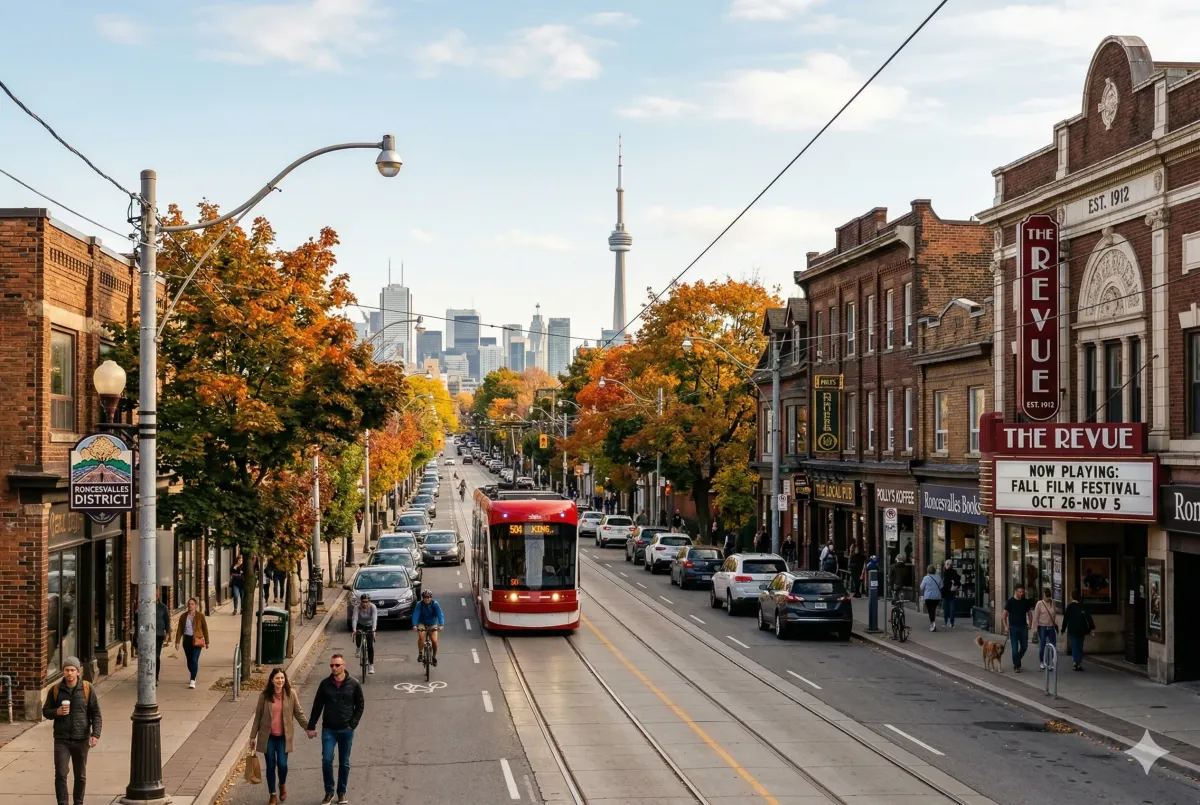 The 504 King streetcar at a modern accessible platform on Roncesvalles, a key transit link between the West End and downtown Toronto
