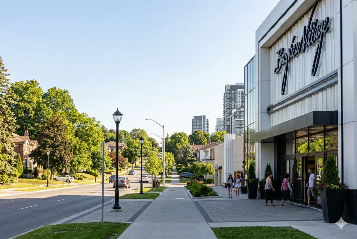 Upscale interior of Bayview Village Shopping Centre in North York, featuring luxury fashion boutiques and gourmet dining in a "haute" retail environment.