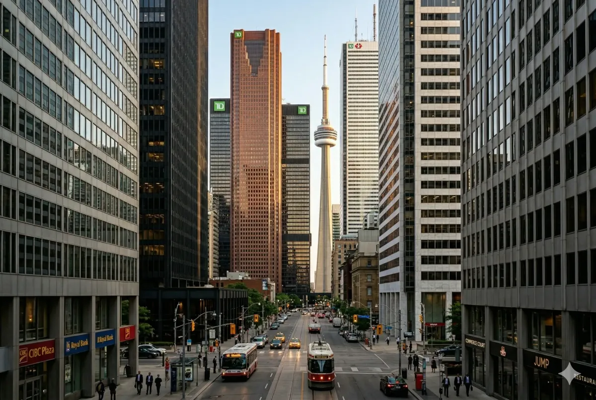 Looking up at the glass office towers, the heart of Toronto's Financial District and Canada’s banking hub.