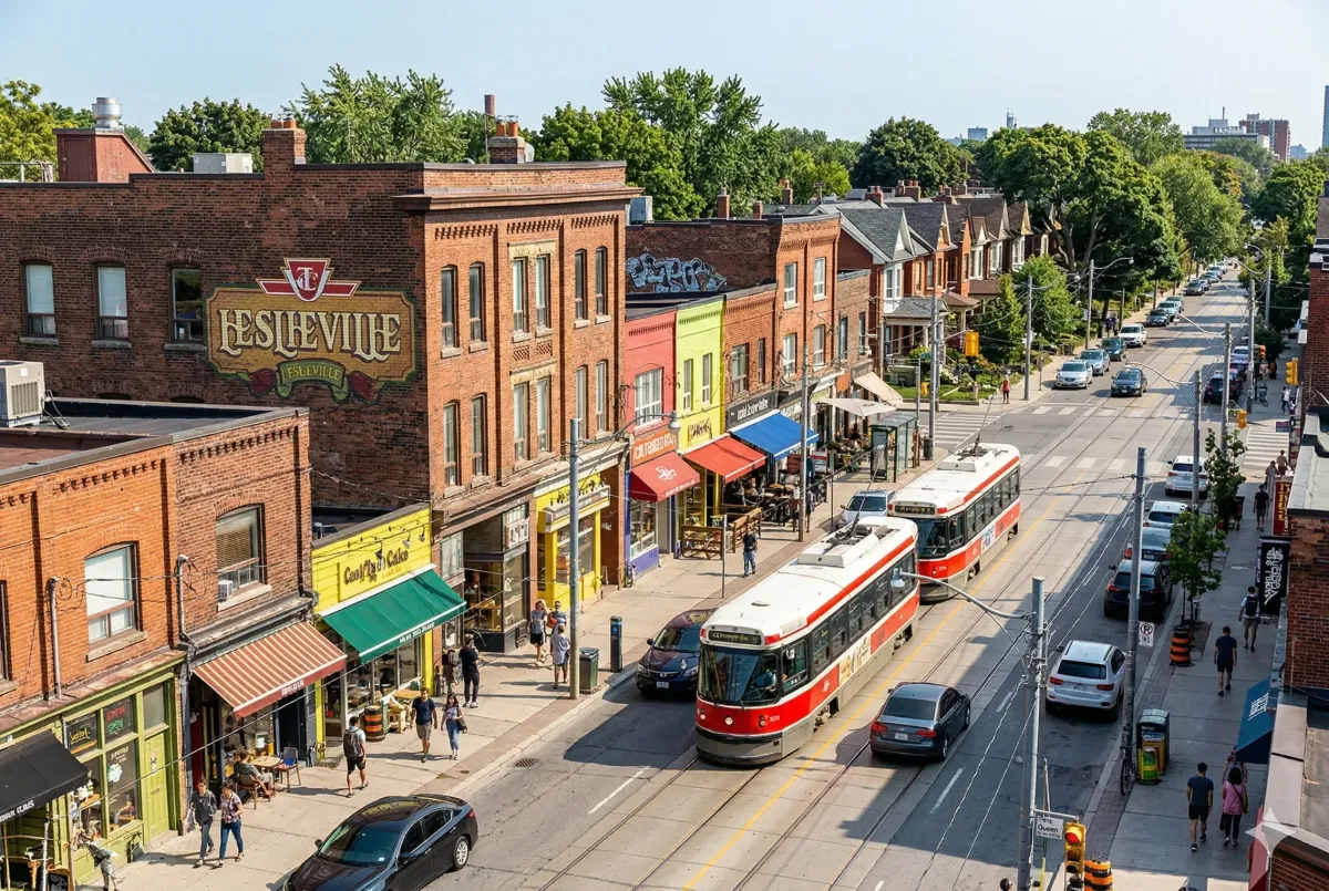 Construction progress at the future Riverside-Leslieville Ontario Line station on Queen Street East, enhancing transit connectivity in Toronto's East End.