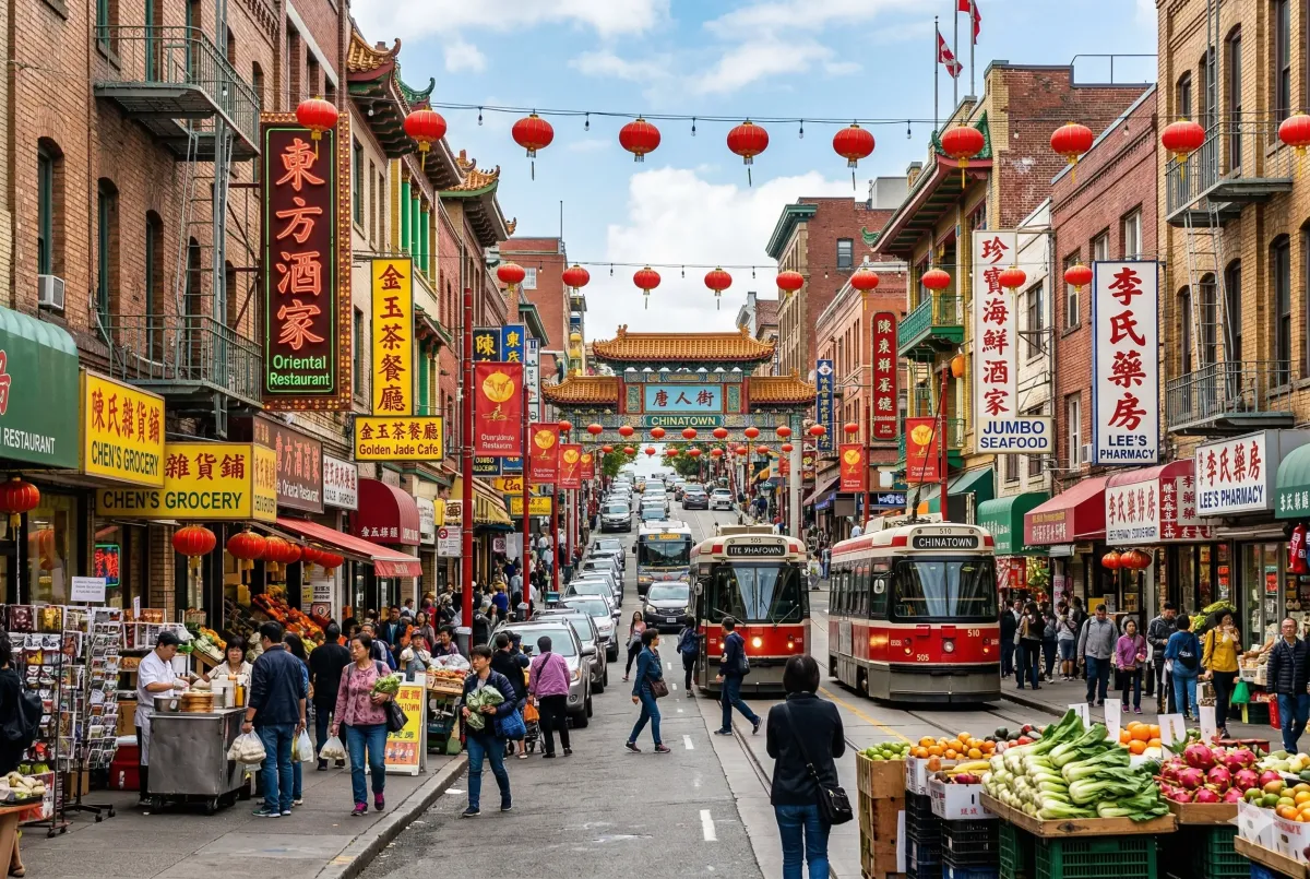 The vibrant intersection of Spadina Avenue and Dundas Street West in Toronto’s Chinatown, featuring traditional bilingual street signs and 2026 Lunar New Year decorations.