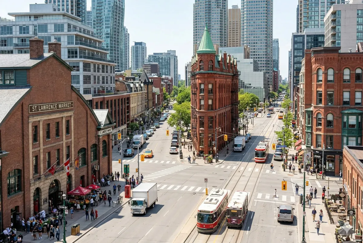 Pedestrians on Front Street East passing the new St. Lawrence North Market, a 2026 architectural landmark and culinary hub in Old Town Toronto.