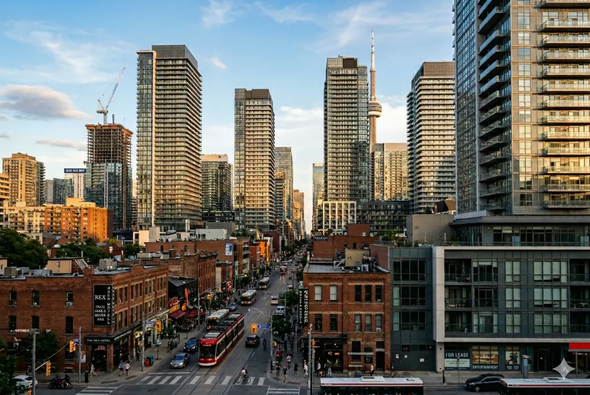 Architectural detail of a new mixed-use condo tower featuring a sleek glass facade in the high-density Entertainment District of Toronto. Entertainment District of Toronto.ide