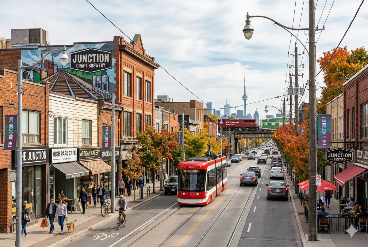 Historic brick storefronts and independent design boutiques on Dundas Street West in The Junction, Toronto’s premier district for art and craft beer.