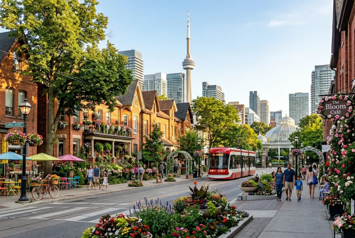 Modern glass condo towers, featuring the 2026 skyline of the Garden District near Toronto Metropolitan University (TMU).