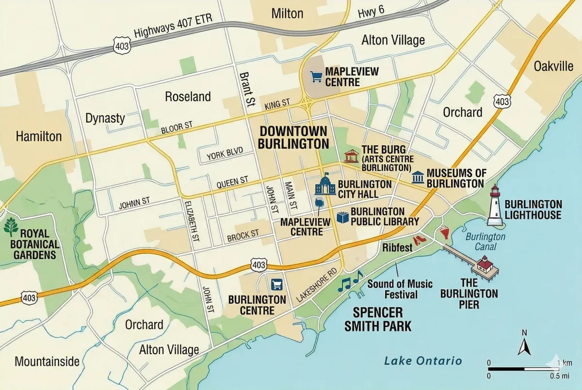Map of Burlington Ontario neighborhoods including Aldershot, Millcroft, Tyandaga, and The Orchard with major street names.