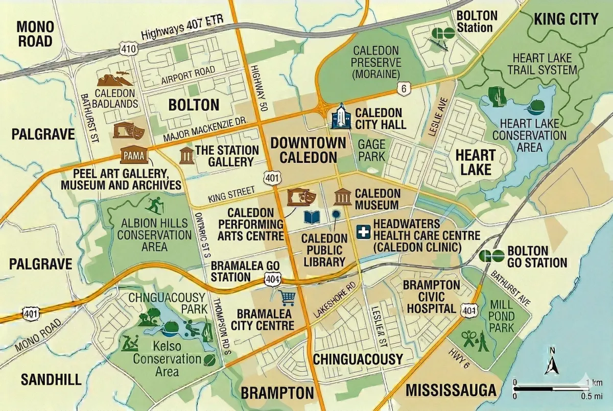 Town of Caledon ward map showing boundaries for Wards 1 through 6, including major settlement areas like Bolton, Caledon East, and Mayfield West.