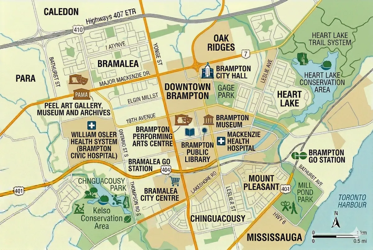 Map of Brampton attractions featuring landmarks like Chinguacousy Park, Gage Park, and the Rose Theatre in the downtown Innovation District.