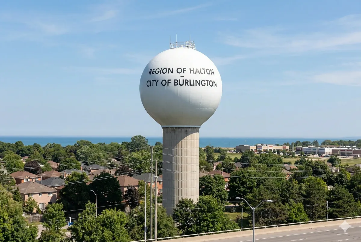 levated municipal water tower in Burlington Ontario near the QEW highway and Burloak Drive.