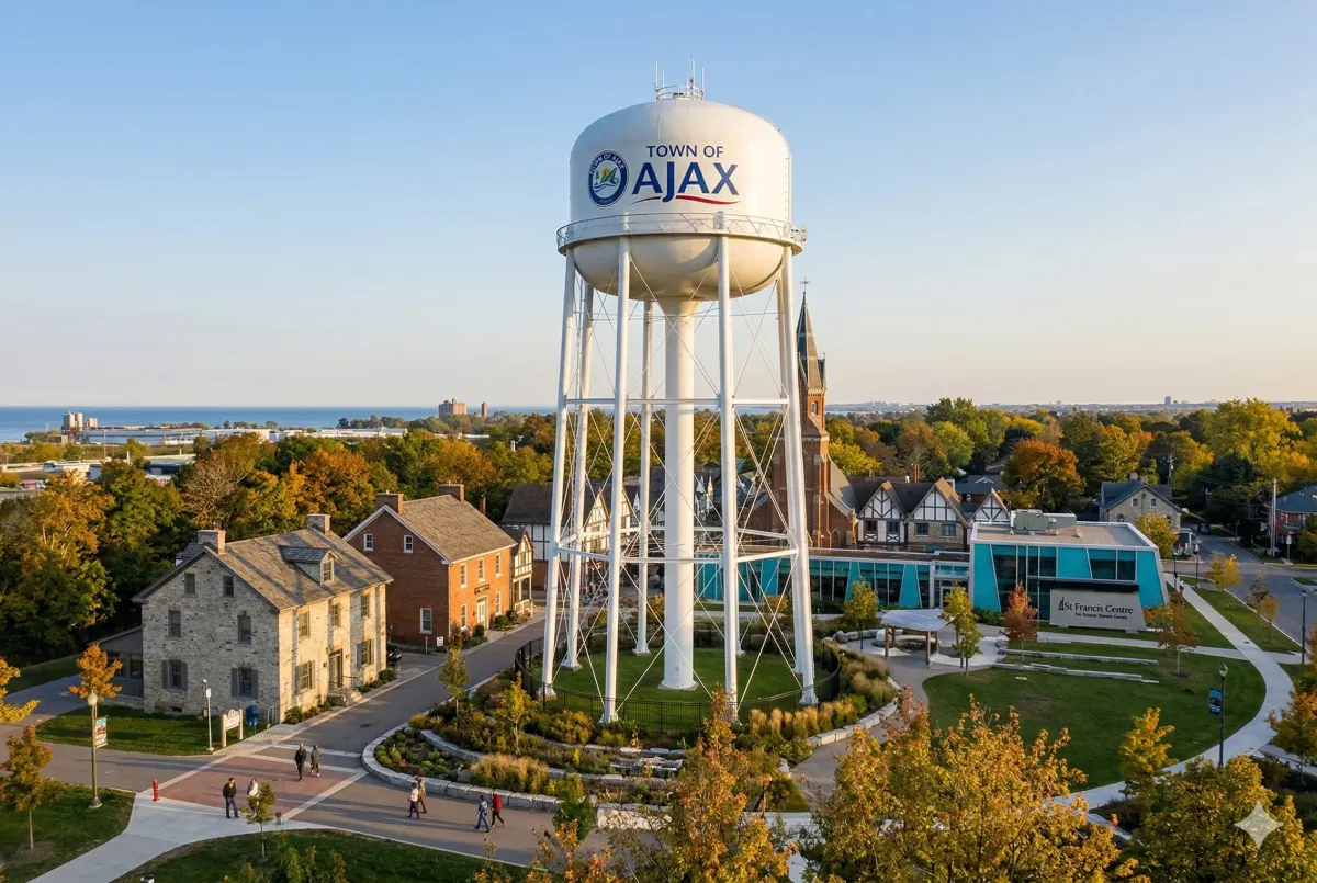 Iconic elevated municipal water tower featuring bold "Ajax" lettering against a clear blue sky.