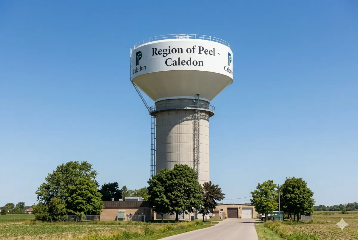 Elevated water storage facility for the Palgrave-Caledon East drinking water system, highlighting the town's groundwater-based infrastructure within the Niagara Escarpment.