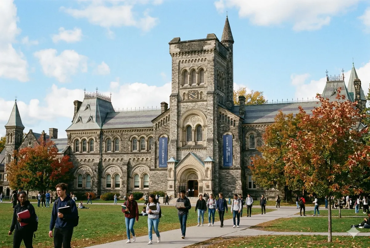 Historic stone architecture of University College at the University of Toronto St. George campus, a top-ranked global research institution in downtown Toronto, Ontario.