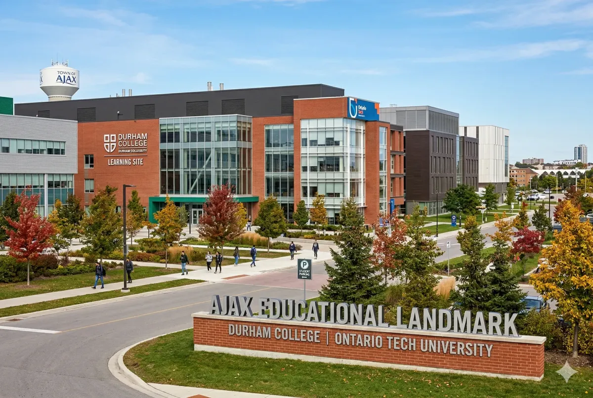 Historic red brick facade of the former Pickering College campus in Ajax, a designated heritage building and significant educational landmark in Durham Region.