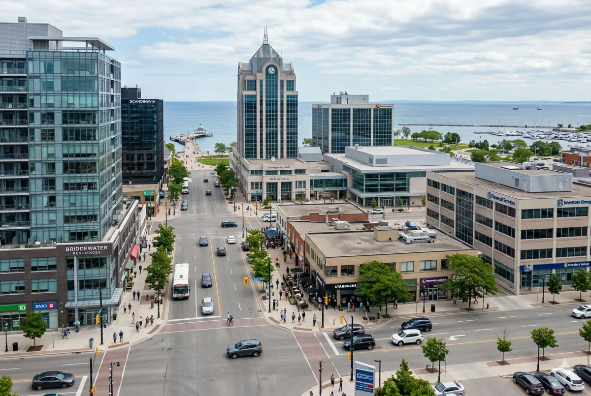 Downtown Burlington Ontario business district with shops and restaurants on Brant Street near the Lake Ontario waterfront.