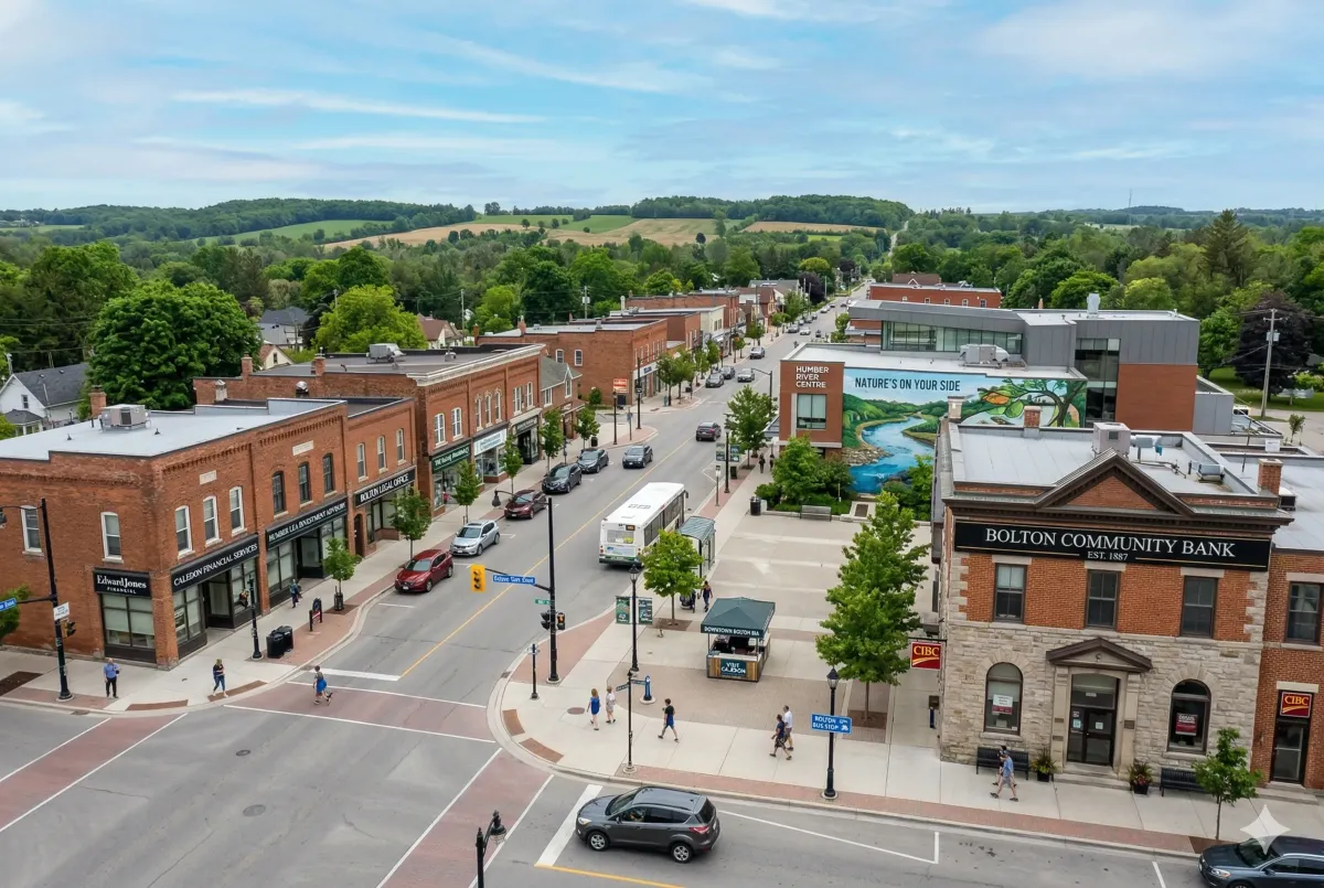 Modern commercial business building on a primary corridor in Caledon, Ontario, representing the town's target of 125,000 new jobs by 2051 within the Peel Region.