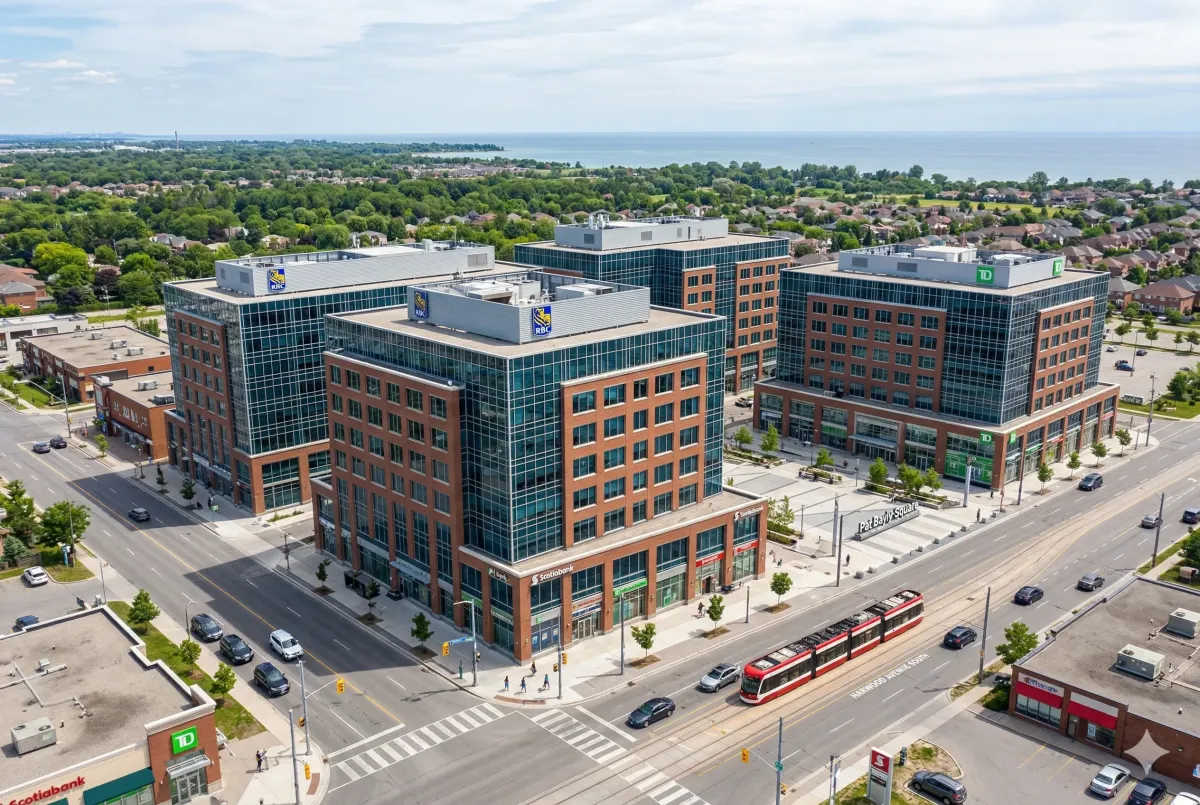 Exterior view of a contemporary Ajax office complex with brick and glass accents under a bright blue sky.