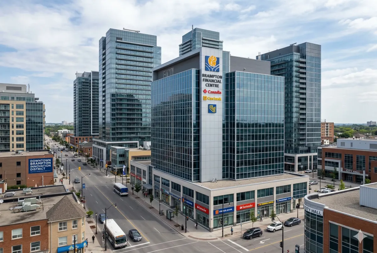 xterior of a modern office building in the Brampton Innovation District, home to tech incubators, cybersecurity startups, and BHive Brampton.