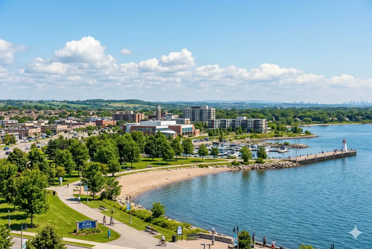 Scenic view of the Ajax Waterfront Park along the shores of Lake Ontario, featuring the paved Waterfront Trail and lush green spaces in Durham Region.