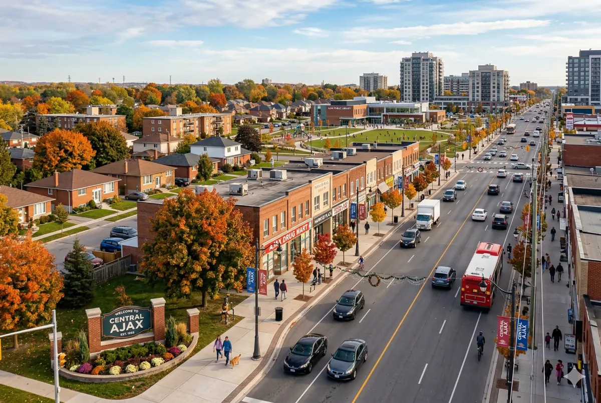 Downtown Central Ajax skyline at Harwood Avenue South, featuring Pat Bayly Square, the modern Ajax Public Library, and vibrant commercial plazas in the town's civic center.