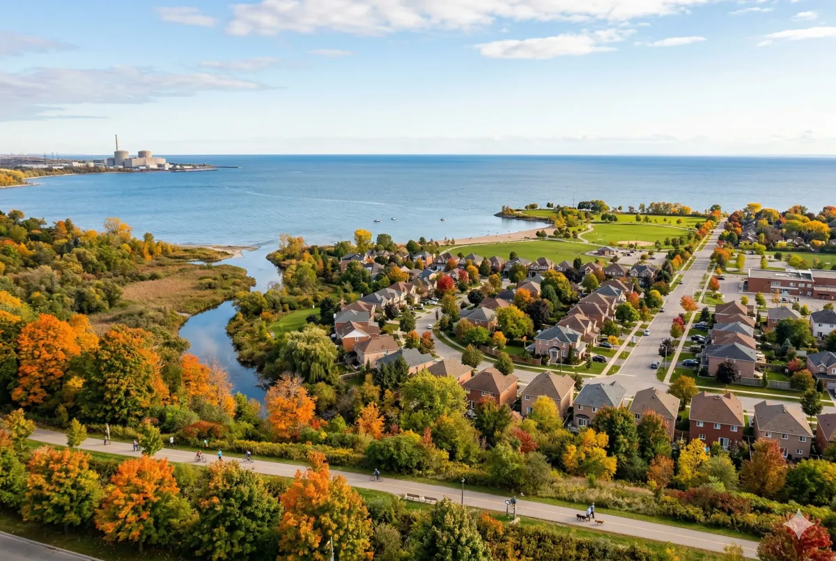 Scenic view of the South Ajax residential area near Lake Ontario, featuring the paved Waterfront Trail and lush green space in the Lakeside neighborhood of Durham Region.