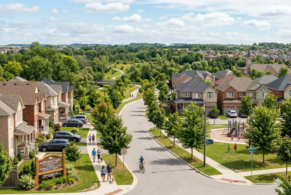 Modern detached family homes in the Nottingham neighborhood of Northwest Ajax, featuring quiet residential streets, manicured lawns, and proximity to local parks.