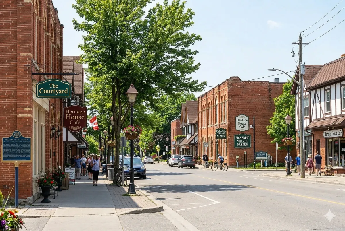 Historic streetscape of Pickering Village in Ajax, featuring restored 19th-century heritage buildings and boutiques along Old Kingston Road in Durham Region.