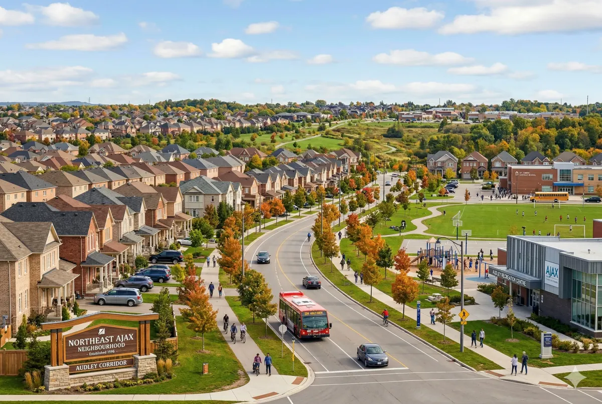 Newly developed detached homes and modern townhouses in the Northeast Ajax community, featuring wide streets and contemporary architectural designs near Audley Road.