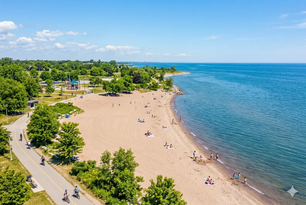 Sandy shoreline of Paradise Beach in Ajax, Ontario, featuring clear views of Lake Ontario and families enjoying a summer day at the waterfront.