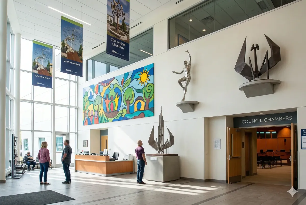 Modern stainless steel public art sculpture at Pat Bayly Square in front of Ajax Town Hall, reflecting the urban landscape and civic plaza in Durham Region.