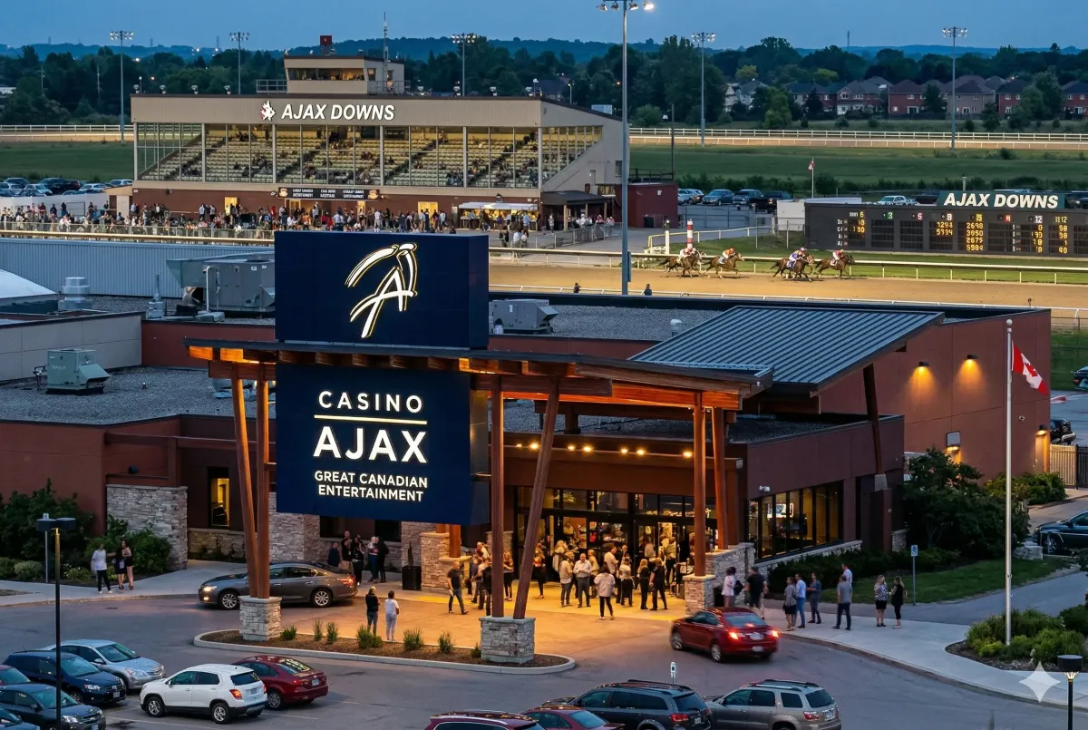 Exterior of Casino Ajax featuring the vibrant neon signage and modern entrance of the premier gaming and entertainment destination in Durham Region.