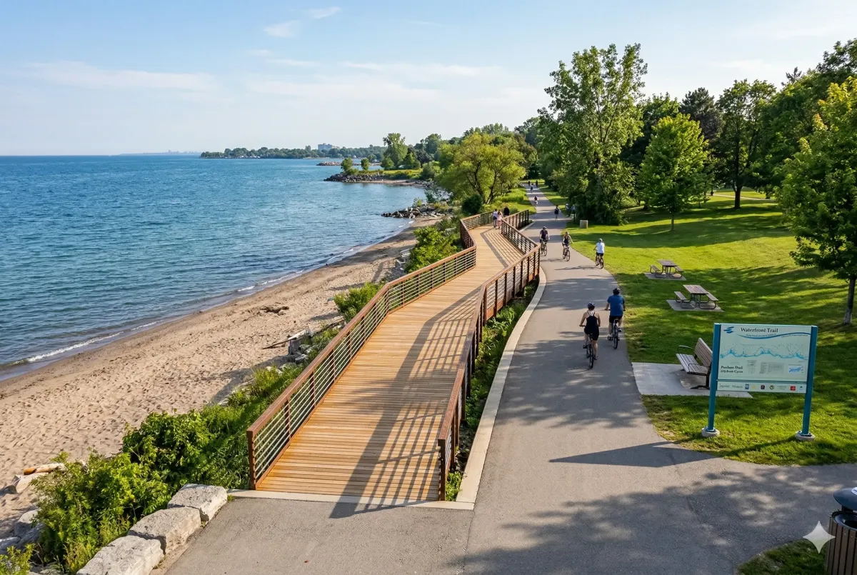 Paved Ajax Waterfront walkway stretching along Lake Ontario, popular for cycling, jogging, and scenic walks in Durham Region.