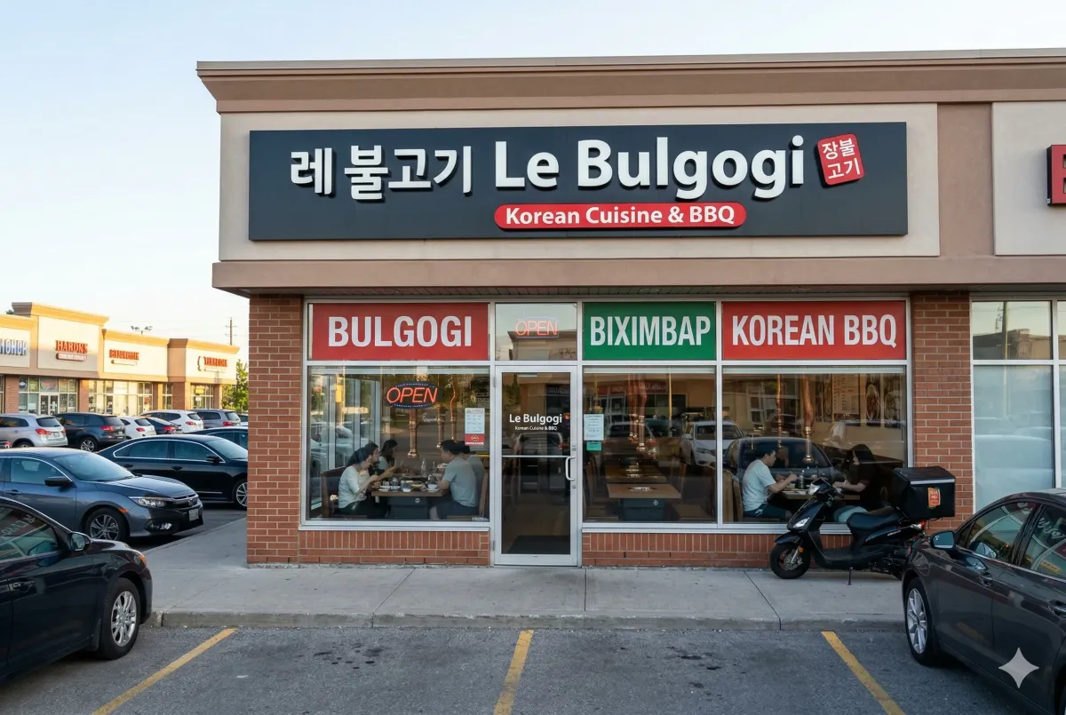 Traditional Korean BBQ beef bulgogi served in a sizzling stone bowl at Le Bulgogi Ajax, accompanied by various banchan side dishes like kimchi and pickled radish.