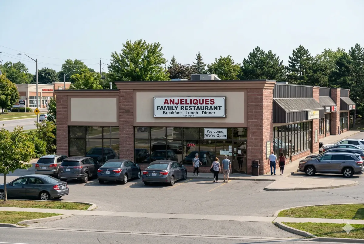 Generous serving of homestyle breakfast at Angelique’s Family Restaurant in Ajax, featuring fluffy pancakes, crispy bacon, golden home fries, and eggs.