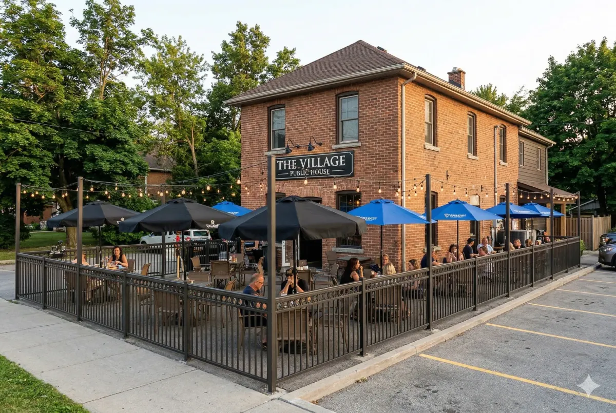 Gourmet pub burger and craft beer flight at The Village Public House in Ajax, showcasing elevated British-style fare and artisanal ingredients.