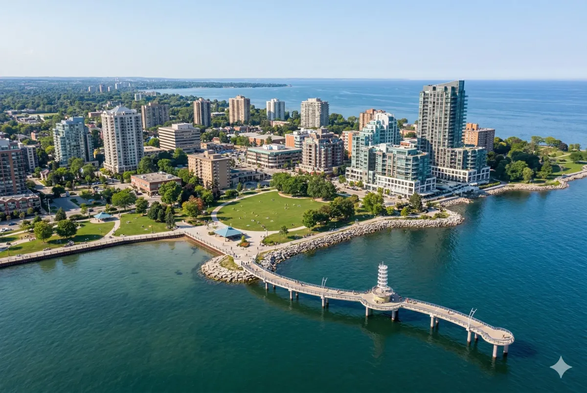 Brant Street Pier at Spencer Smith Park with views of Lake Ontario in Burlington Ontario.