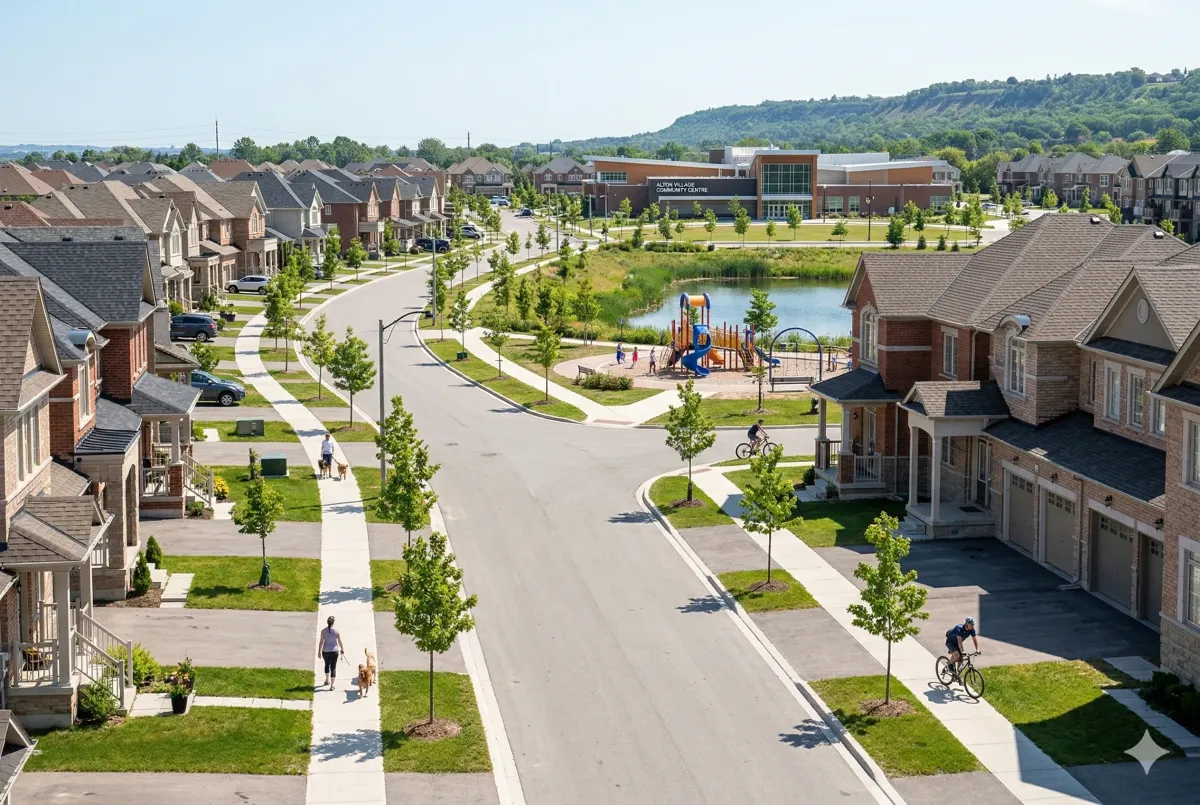 Luxury freehold townhomes in Burlington's Alton Village neighborhood near Thomas Alton Boulevard.