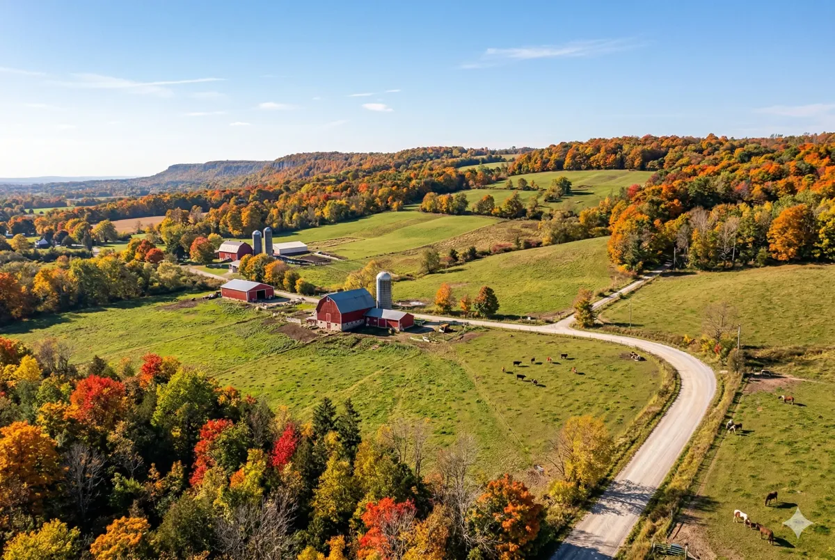 erial view of a rural Burlington neighborhood in North Burlington, Ontario, featuring luxury estate homes nestled along the Niagara Escarpment and protected Greenbelt farmland.