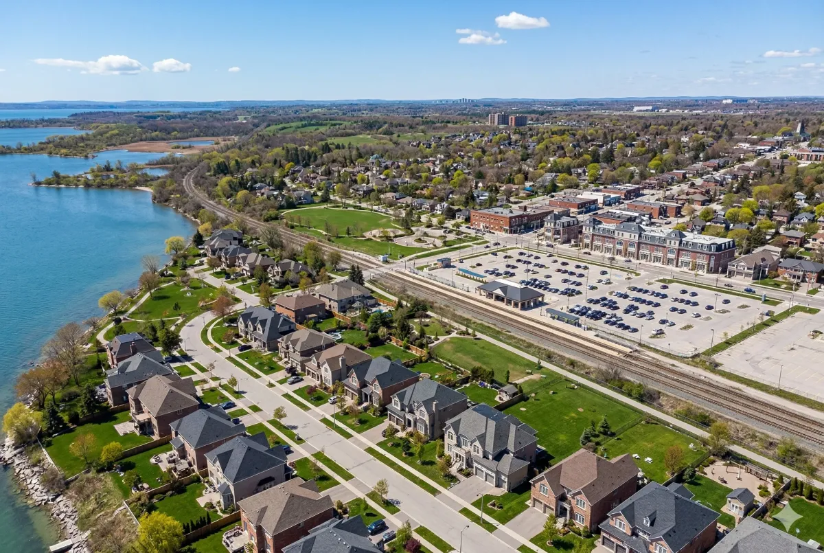Street view of Plains Road West in Aldershot Burlington showing new mid-rise condominium developments and mixed-use retail space.
