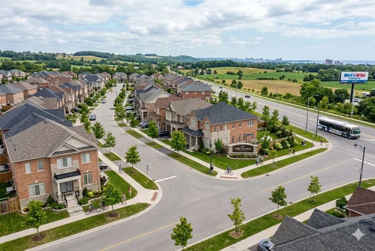 Orchard Community Park in Burlington Ontario, featuring a splash pad, sports fields, and accessible playground.