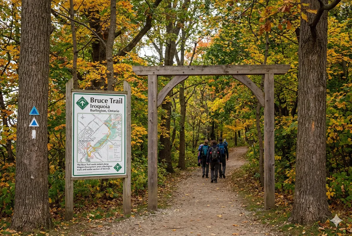 he Bruce Trail along the Niagara Escarpment edge in Burlington Ontario, featuring limestone cliffs and views of the Greater Toronto Area.