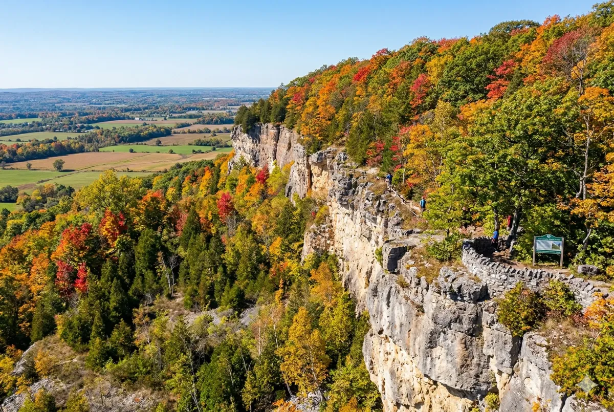 Limestone cliff formations and small caves at Mount Nemo Conservation Area, a unique geological feature of the Niagara Escarpment.