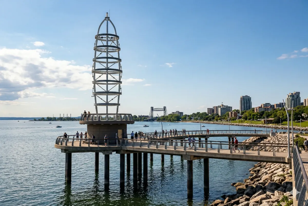 he S-shaped Brant Street Pier in Burlington, Ontario, extending 137 meters over Lake Ontario with its signature 12-meter beacon tower.
