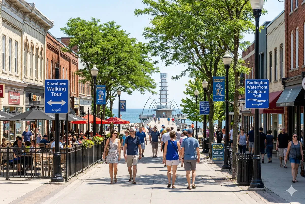 he iconic intersection of Brant Street and Lakeshore Road in downtown Burlington, featuring historic architecture and lakeside views.
