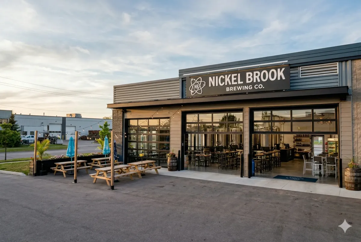 Exterior of Nickel Brook Brewing Co. taproom and retail shop at 3426 Mainway in Burlington Ontario.