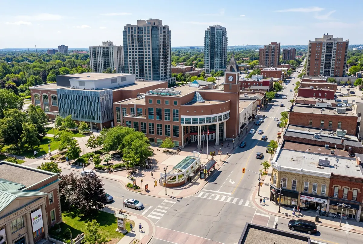 Street-level view of the historic downtown Brampton skyline including the Rose Theatre and the heritage buildings at Main and Queen Street.