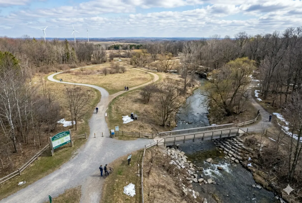 Newly developed Claireville North Multi-use Trail in Brampton, a paved cycling and hiking path connecting residents to the wider Etobicoke Creek watershed.